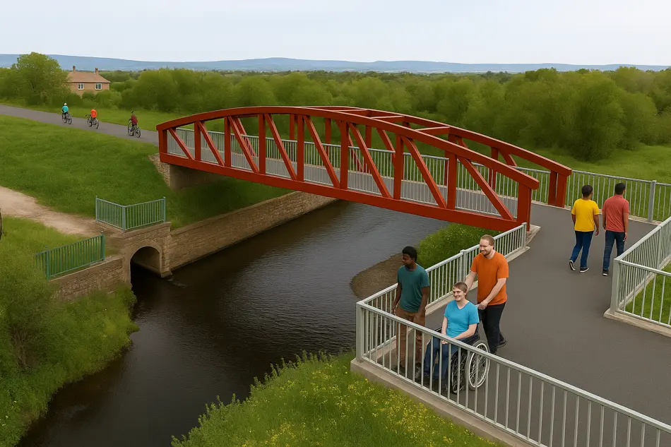 A red metal bridge over a river. There are people, walking, wheeling and cycling on and over the bridge