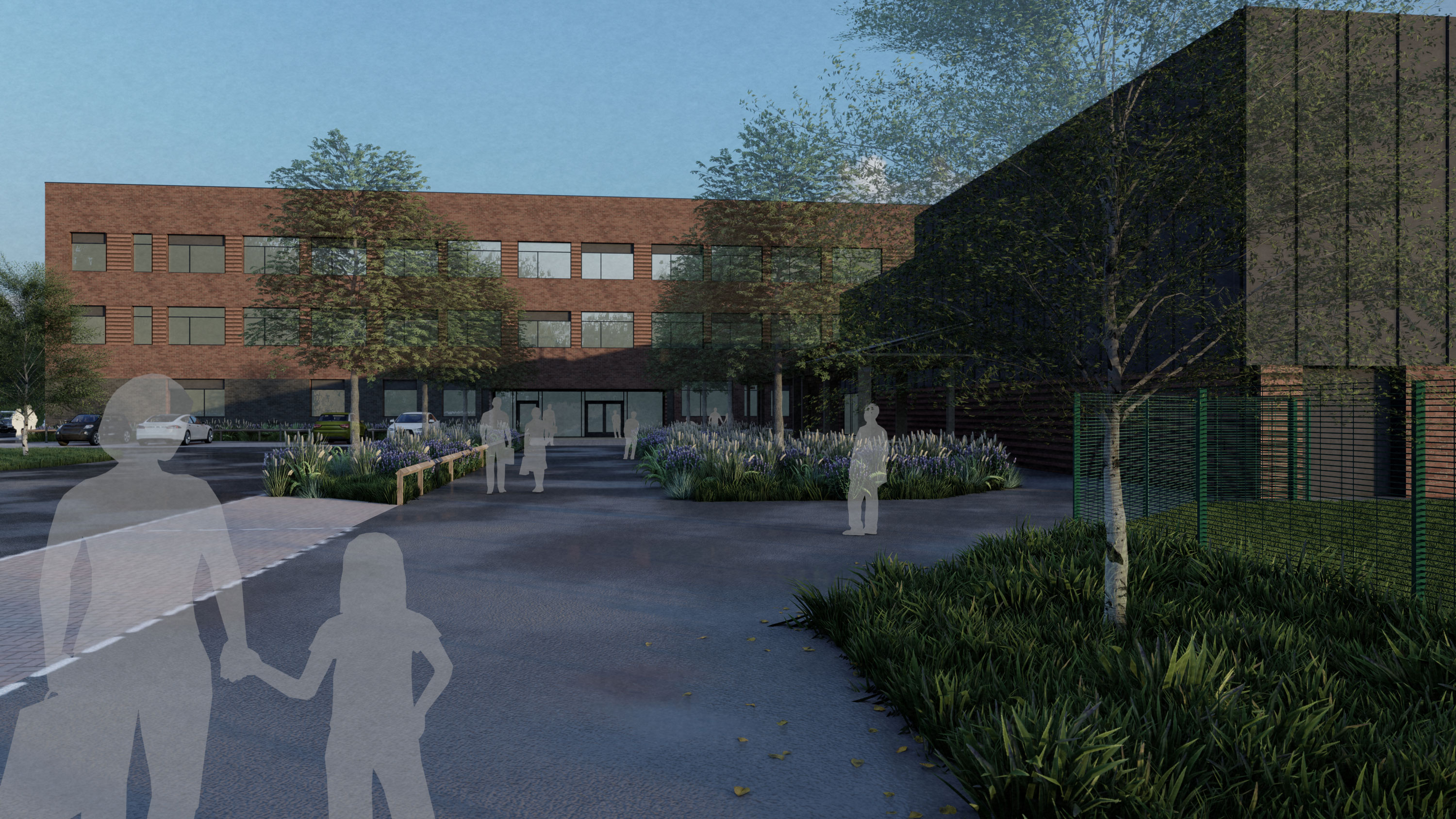 Computer generated image of a wide pathway leading to the front of a school building with outlines of people