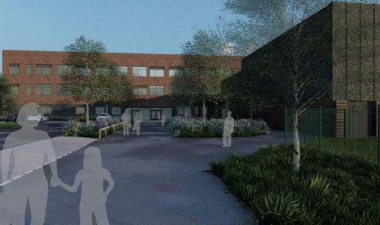 Computer generated image of a wide pathway leading to the front of a school building with outlines of people