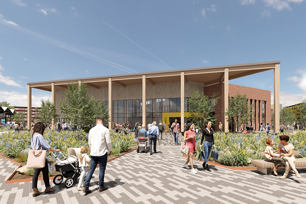 Building with a wooden canopy with people walking around an open space