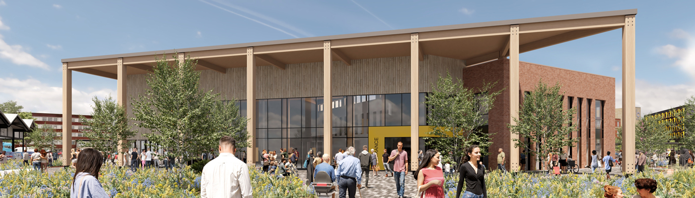 Building with a wooden canopy with people walking around an open space