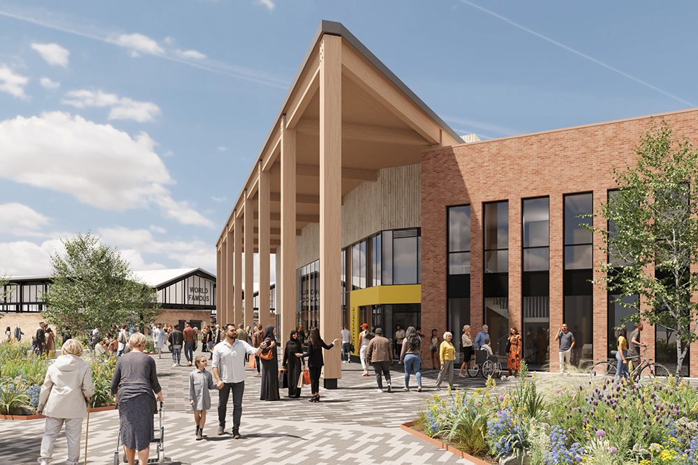 Building with a wooden canopy with people walking around an open space