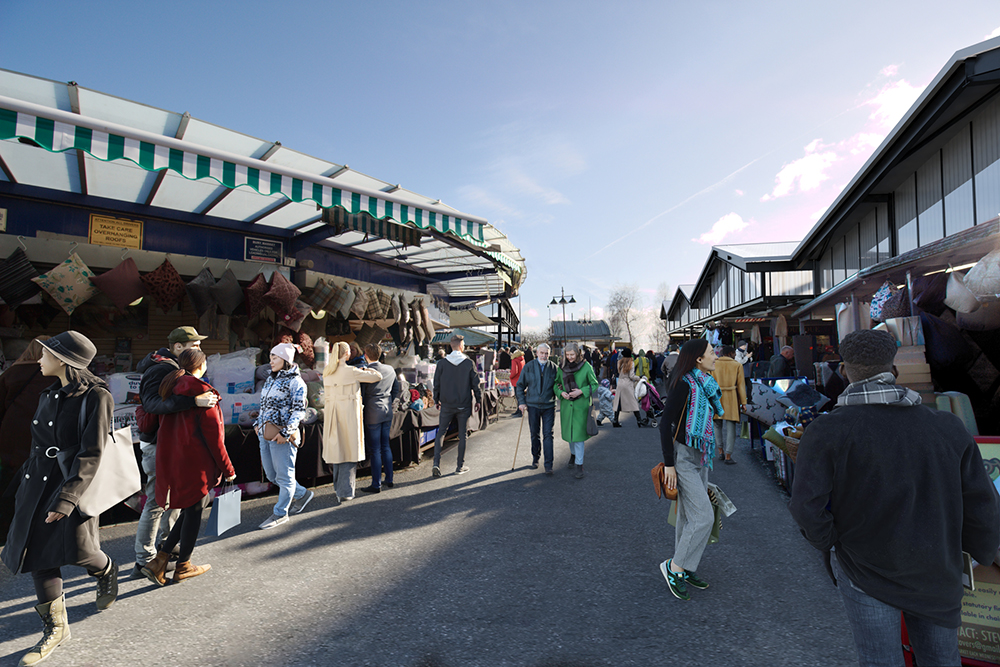 Computer generated image of people walking around an open market