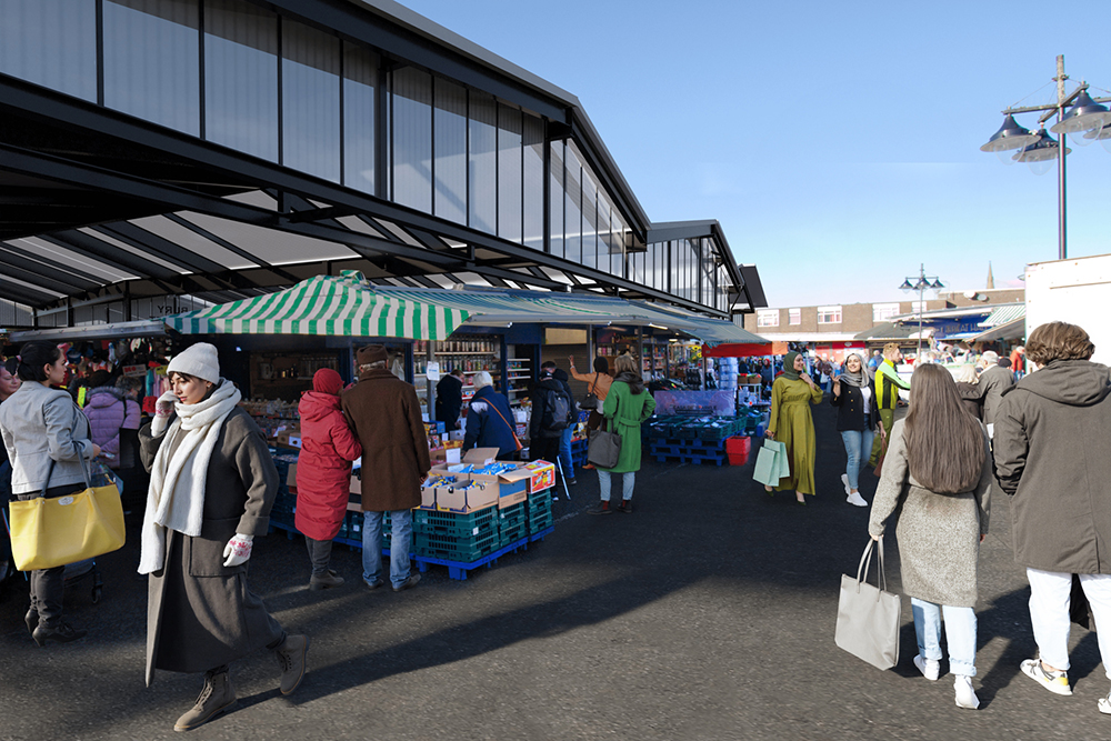 Computer generated image of people walking around an open market