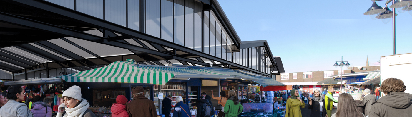 Computer generated image of an outdoor market that shows over sailing canopies above the market stalls