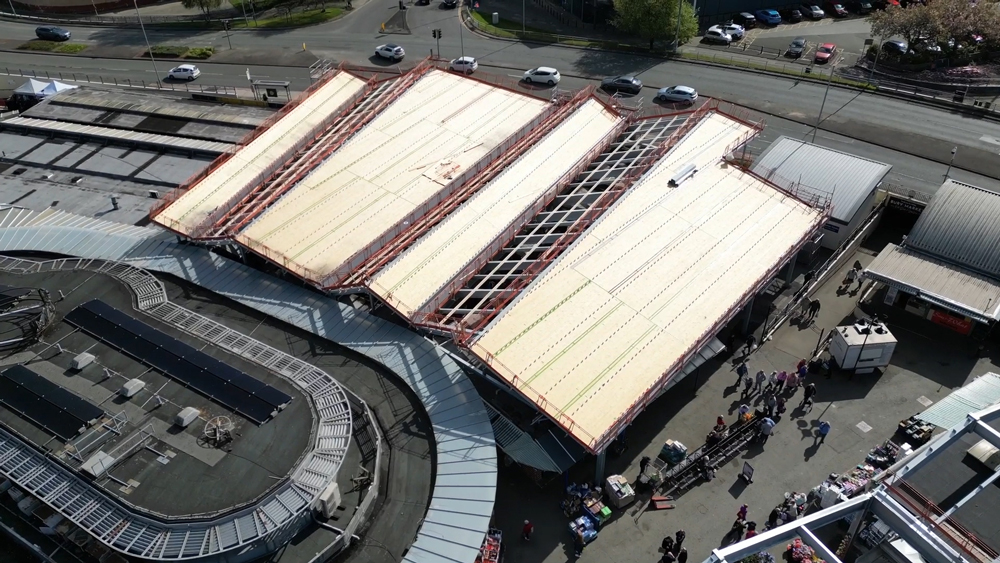 Wooden canopy over a large open market
