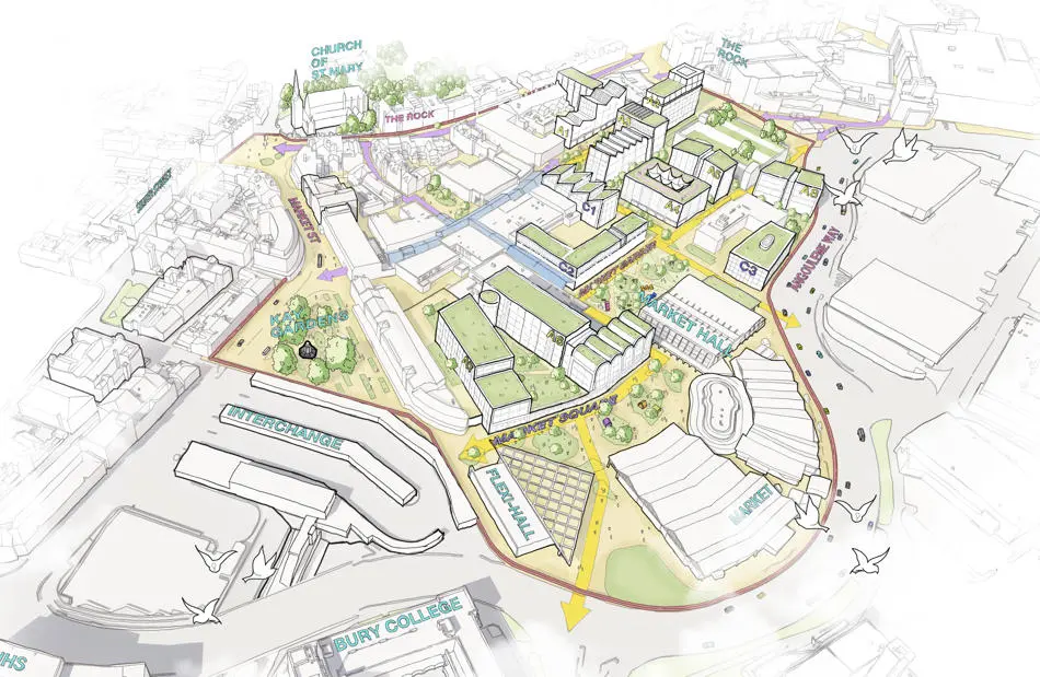 Aerial sketch of a town centre area showing a shopping centre, transport links and buildings