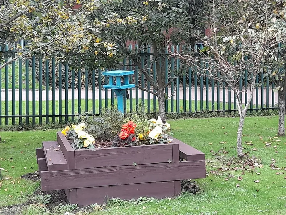 Planter with flowers in and a blue bird table behind it.