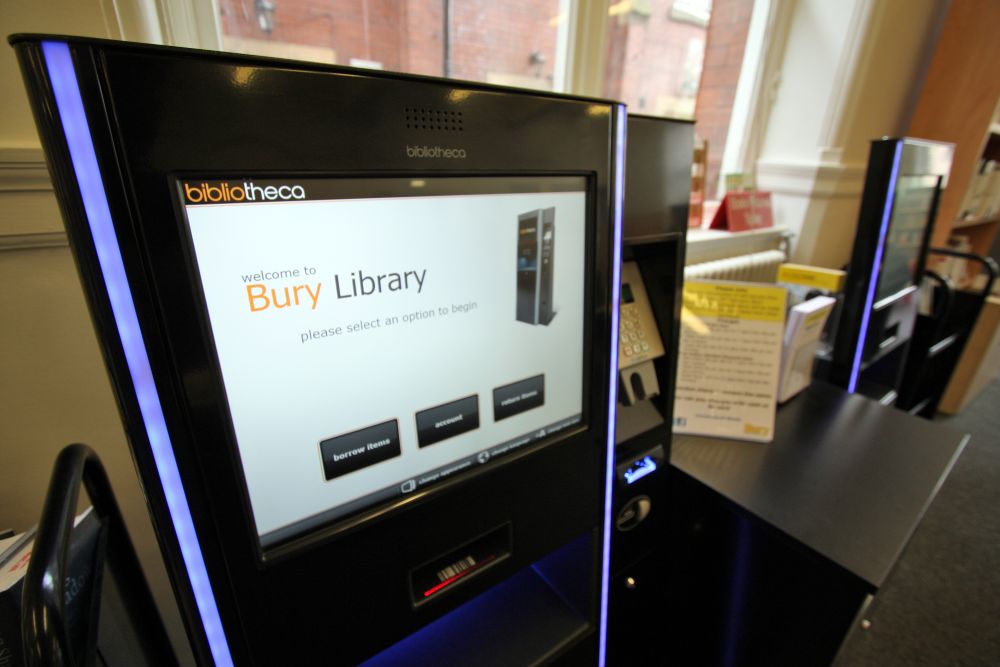 A touch screen library machine.