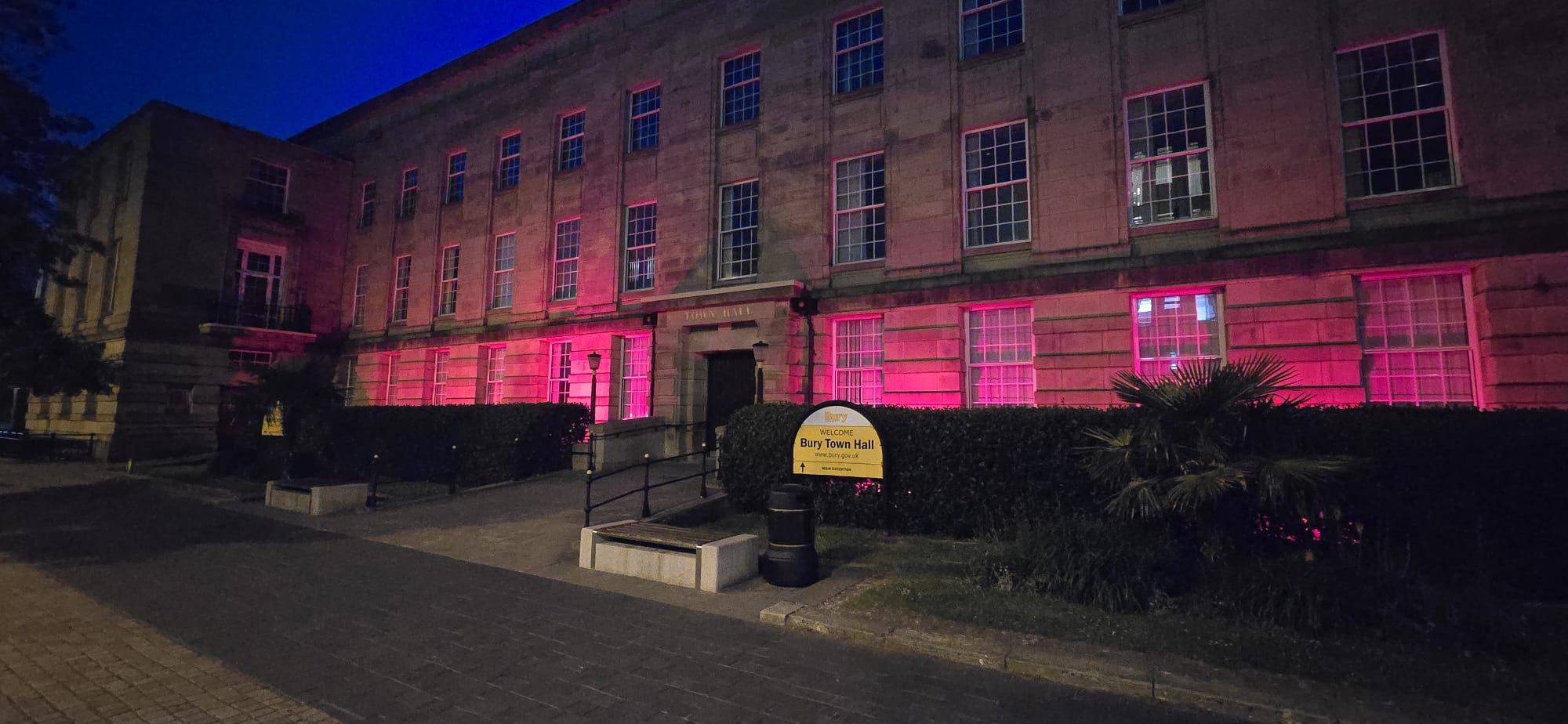 Bury Town Hall lit up for VE Day