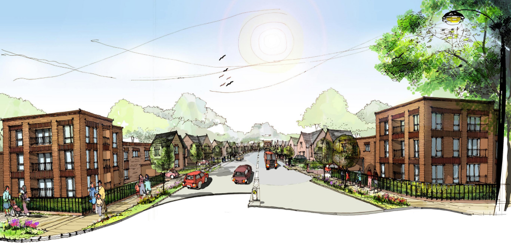 Computer generated image of a road with blocks of flats and houses along each side