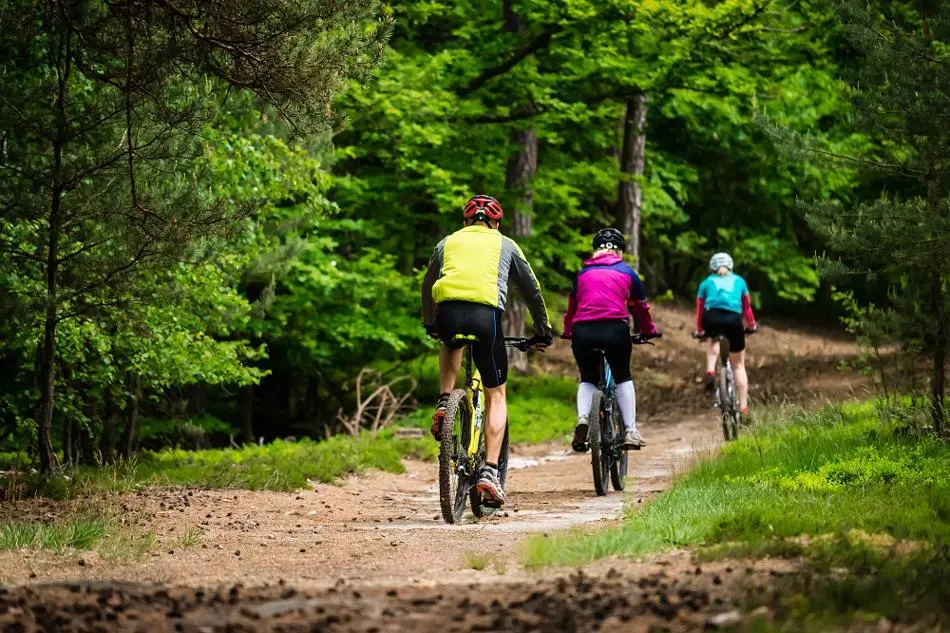 Three people cycling.