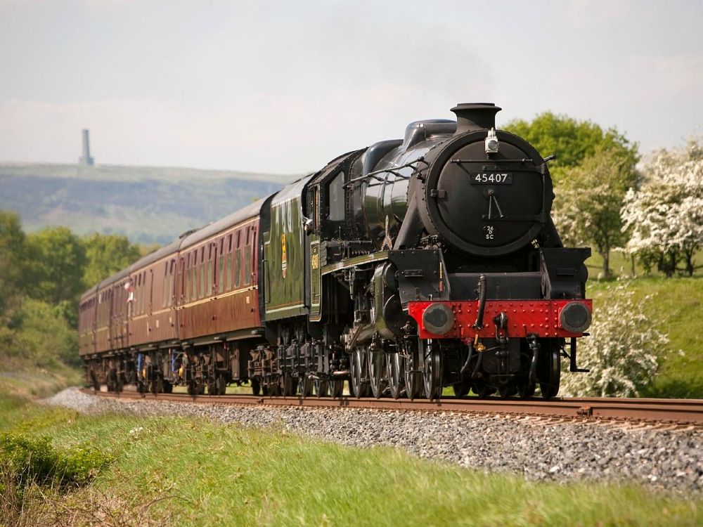 A steam train travelling through a park