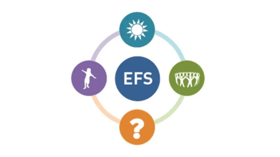 EFS surrounded by sun, group of people, question mark, lady dancing