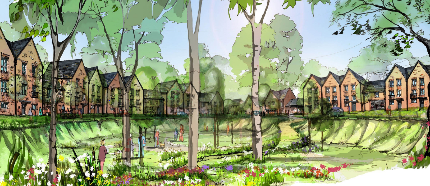 Computer generated image of a row of houses in front of a green space and trees