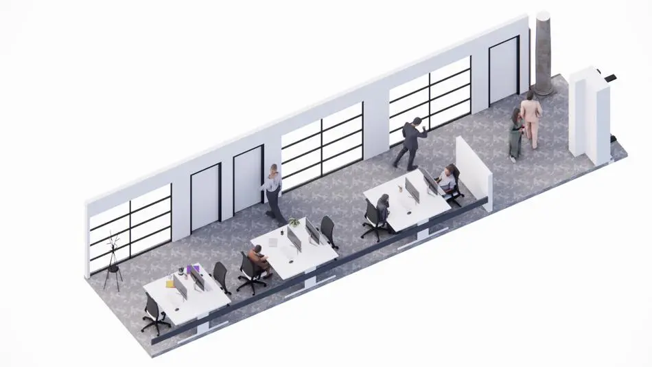 Computer generated image of a group of people in an open plan office space