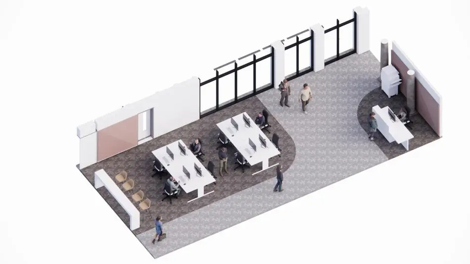 Computer generated image of a group of people in an open plan office space