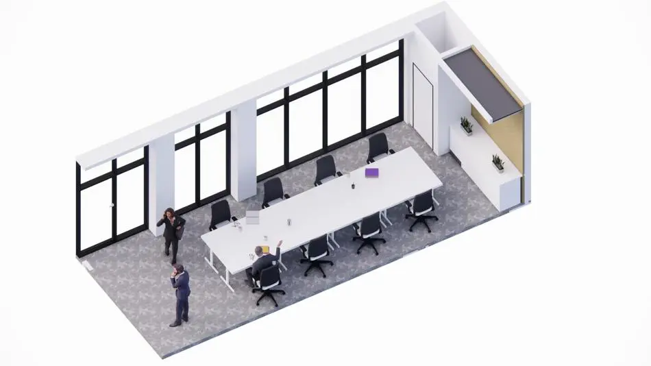 Computer generated image of people in a meeting room with a table and chairs in the centre