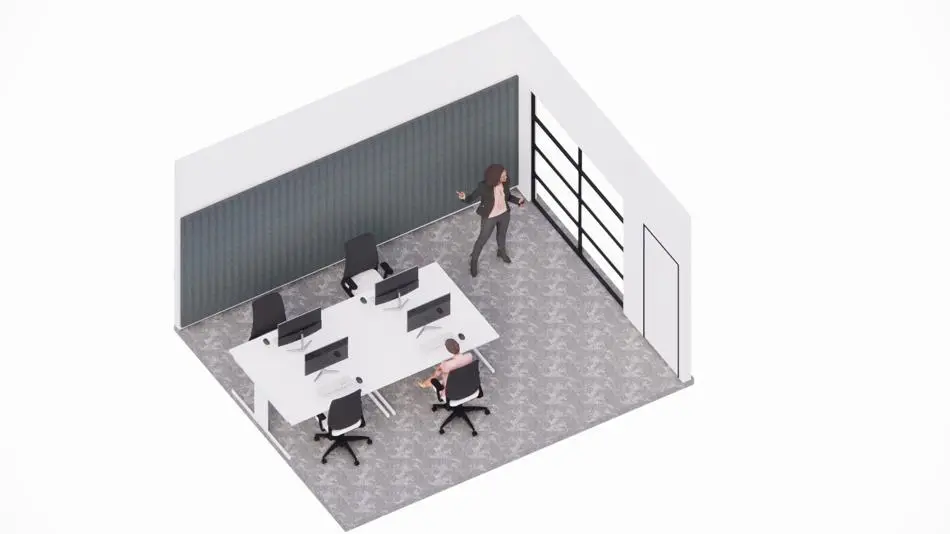 Computer generated image of two people in an open plan office space