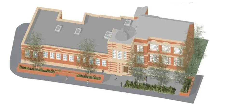Computer generated image of a red and cream brick building with a grey roof and trees around the perimeter 