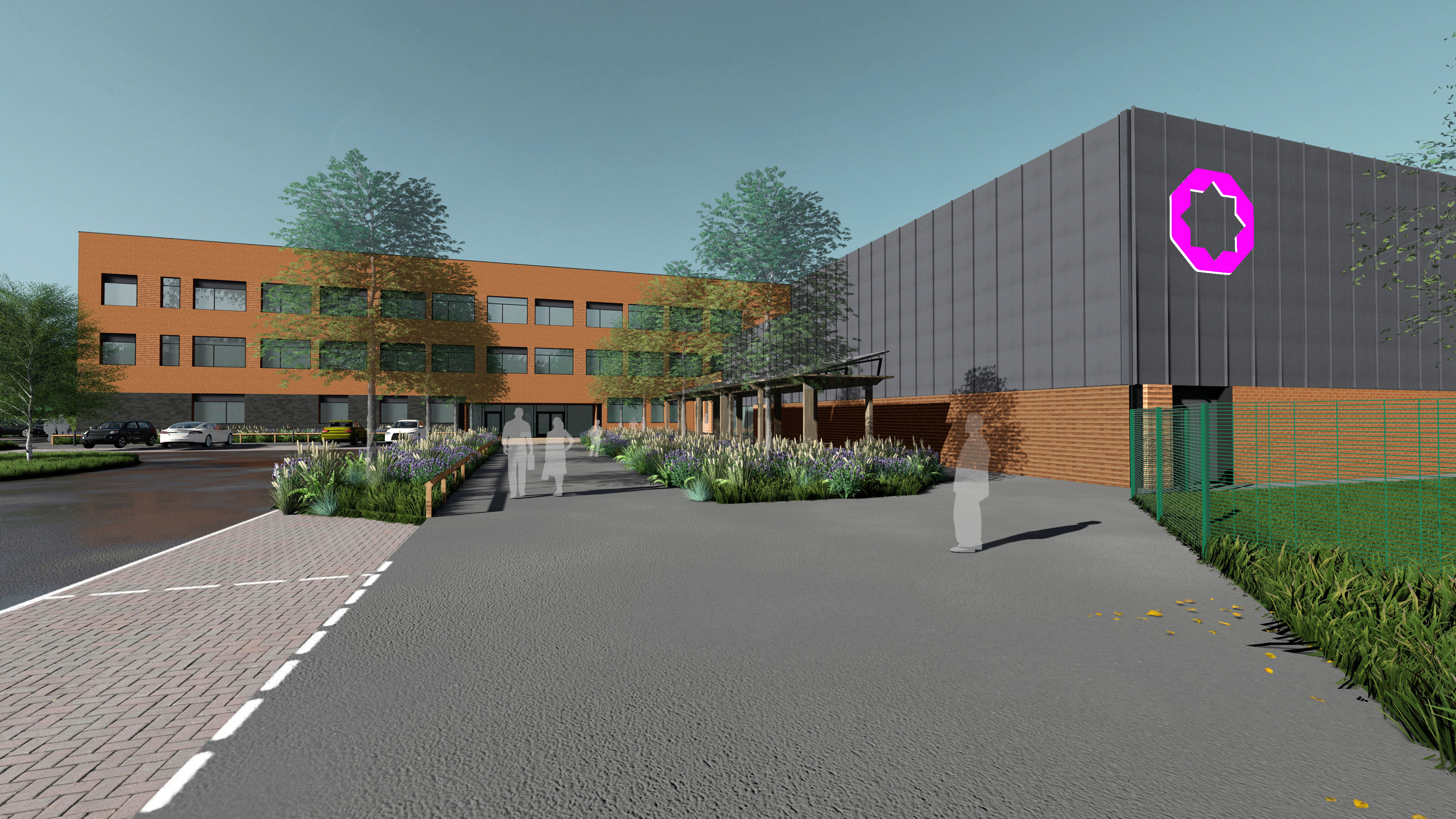 Computer generated image of a wide pathway leading to the front of a school building