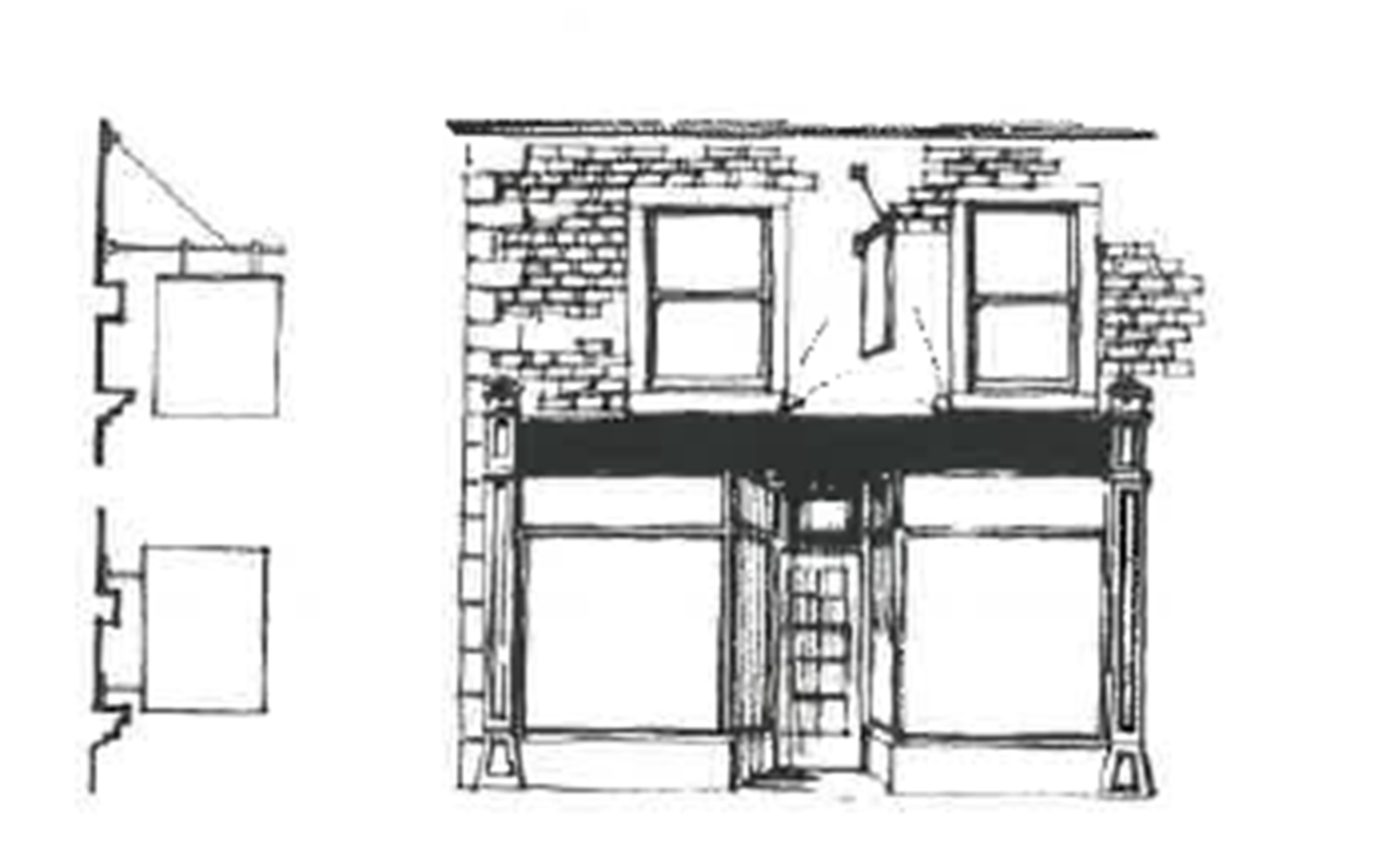 Example of how hanging signs can be located at various points on a building's frontage