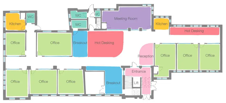 A floor plan of a building with rooms for offices, hot desking, a reception, meeting room and toilets
