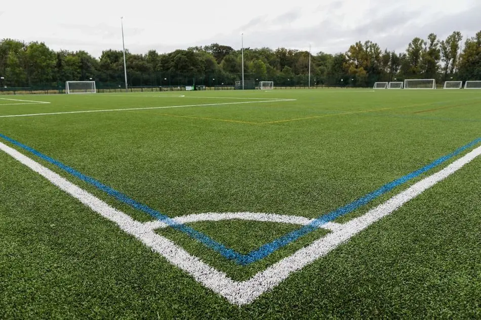 Football pitch with nets at Goshen playing fields.