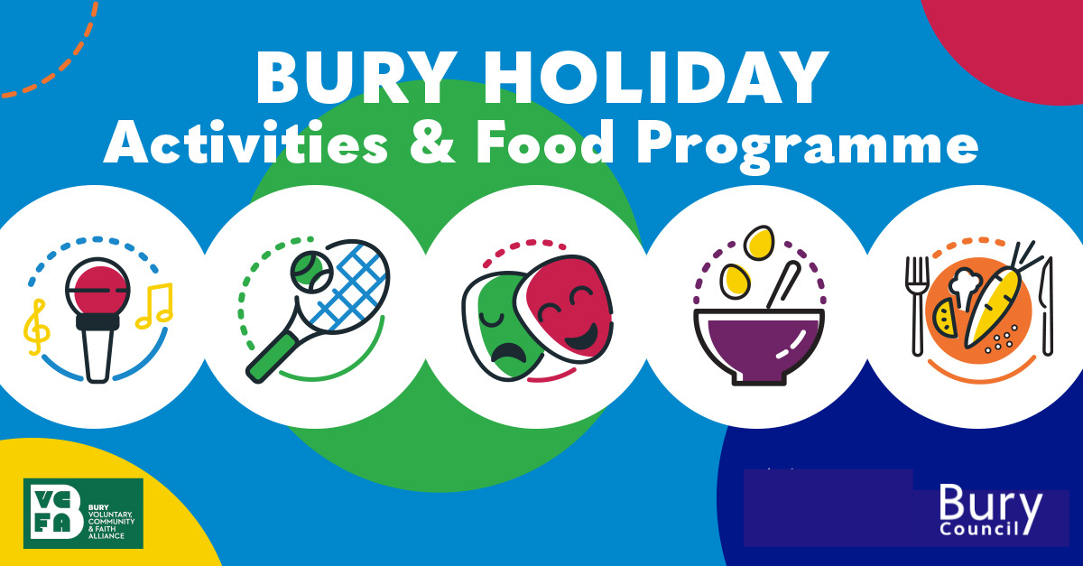 Bury HAF logo. Graphic of a microphone, tennis racquet, theatre masks, a bowl of food and a plate of food.