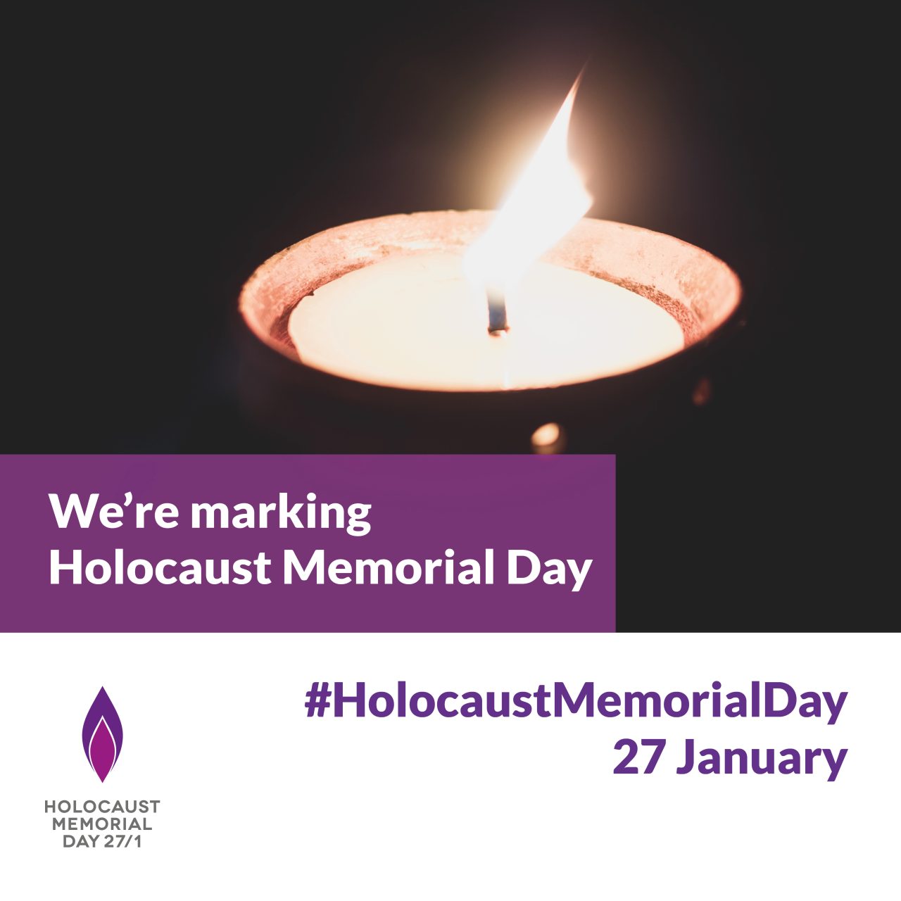Aa candle with text that reads Holocaust Memorial Day 27 January