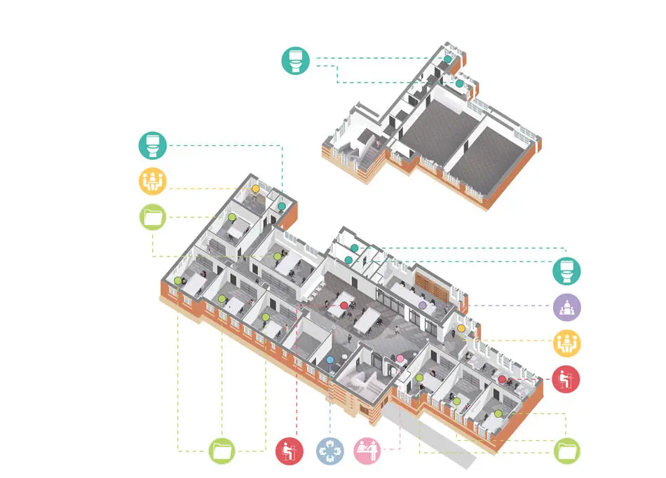 Overhead view of an office floor plan
