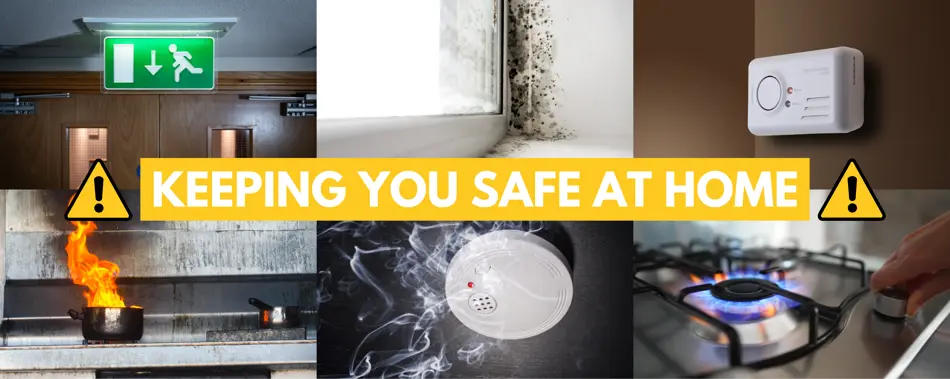 College of pictures of gas hob, smoke alarm, pan fire and mould