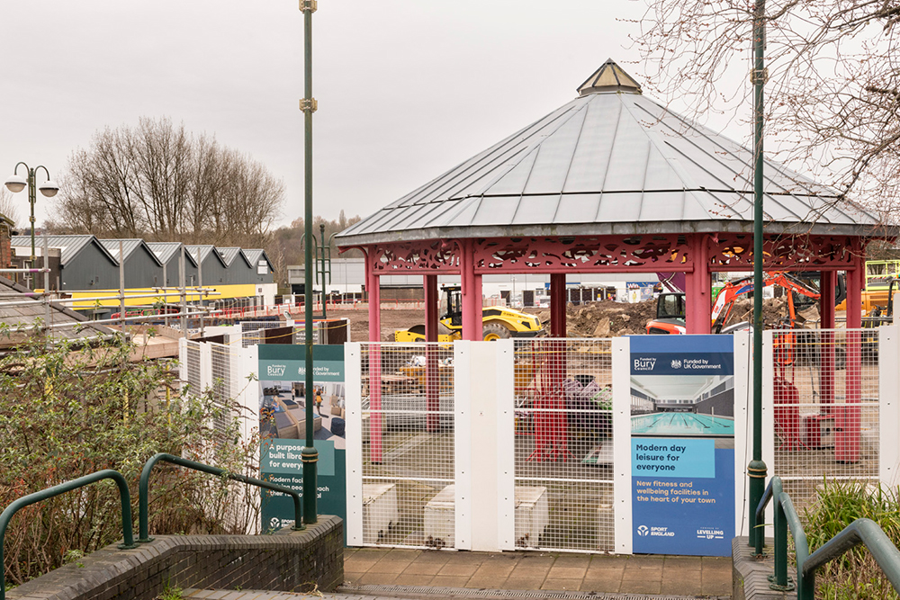 Bandstand surrounded by security fencing