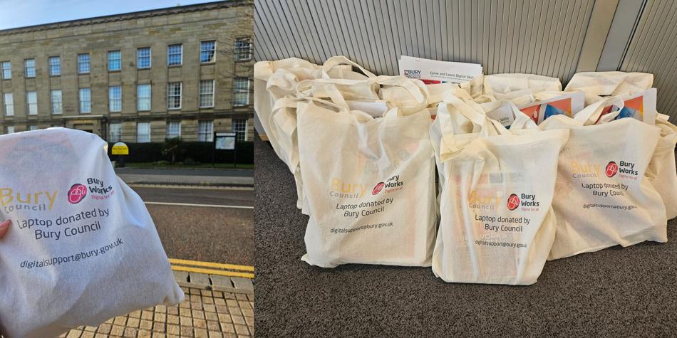 Side by side image of white tote bags with logos and writing "laptops donated by Bury Council"