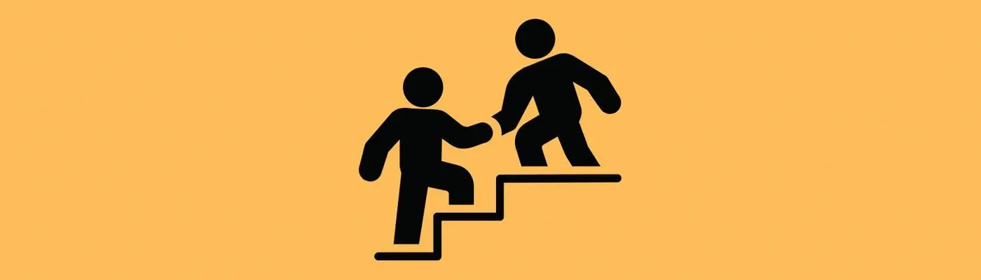 stick person helping another stick person climb the stairs