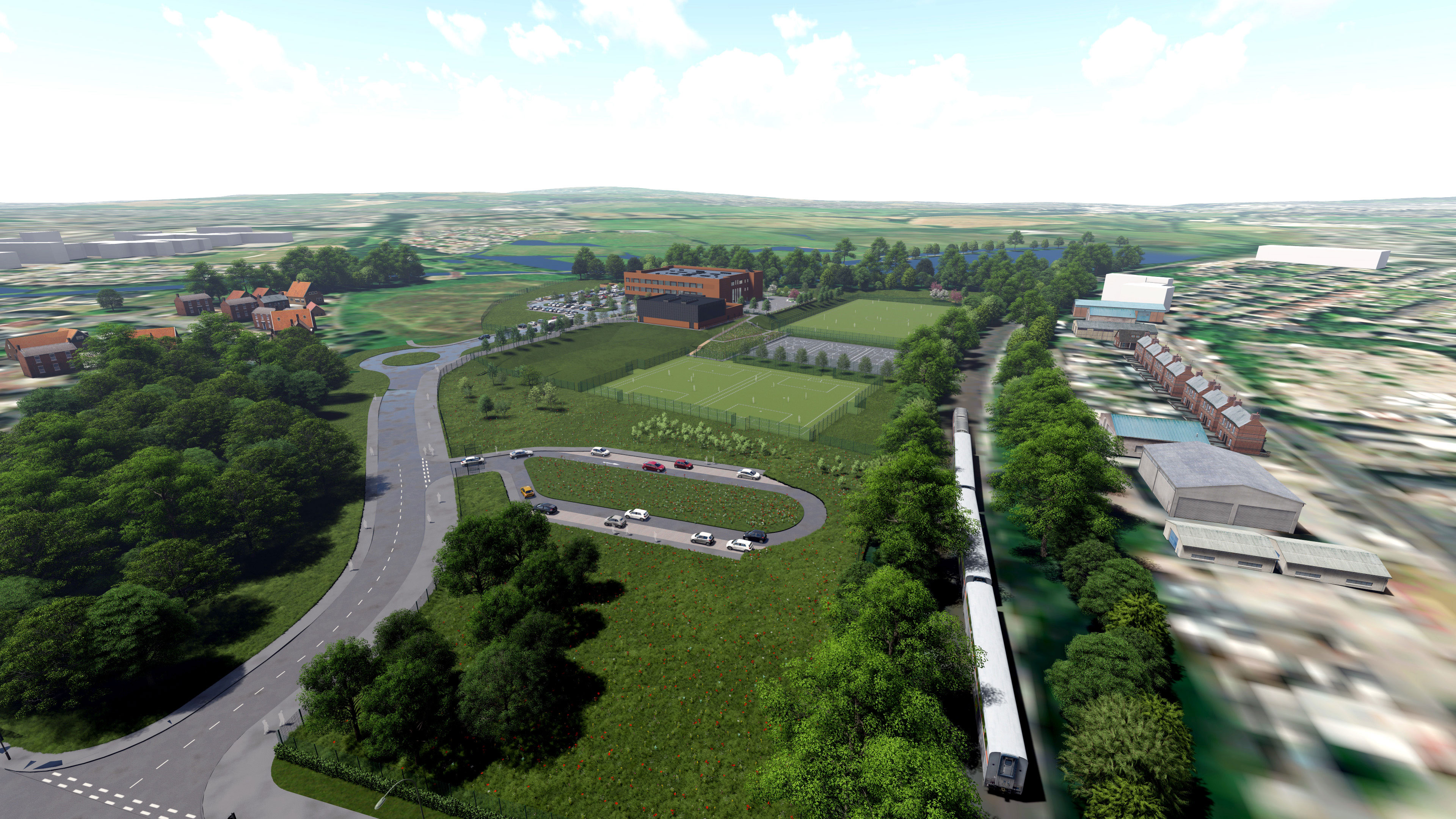 Computer generated image of a road leading to a school building and sports pitches surrounded by grass and trees
