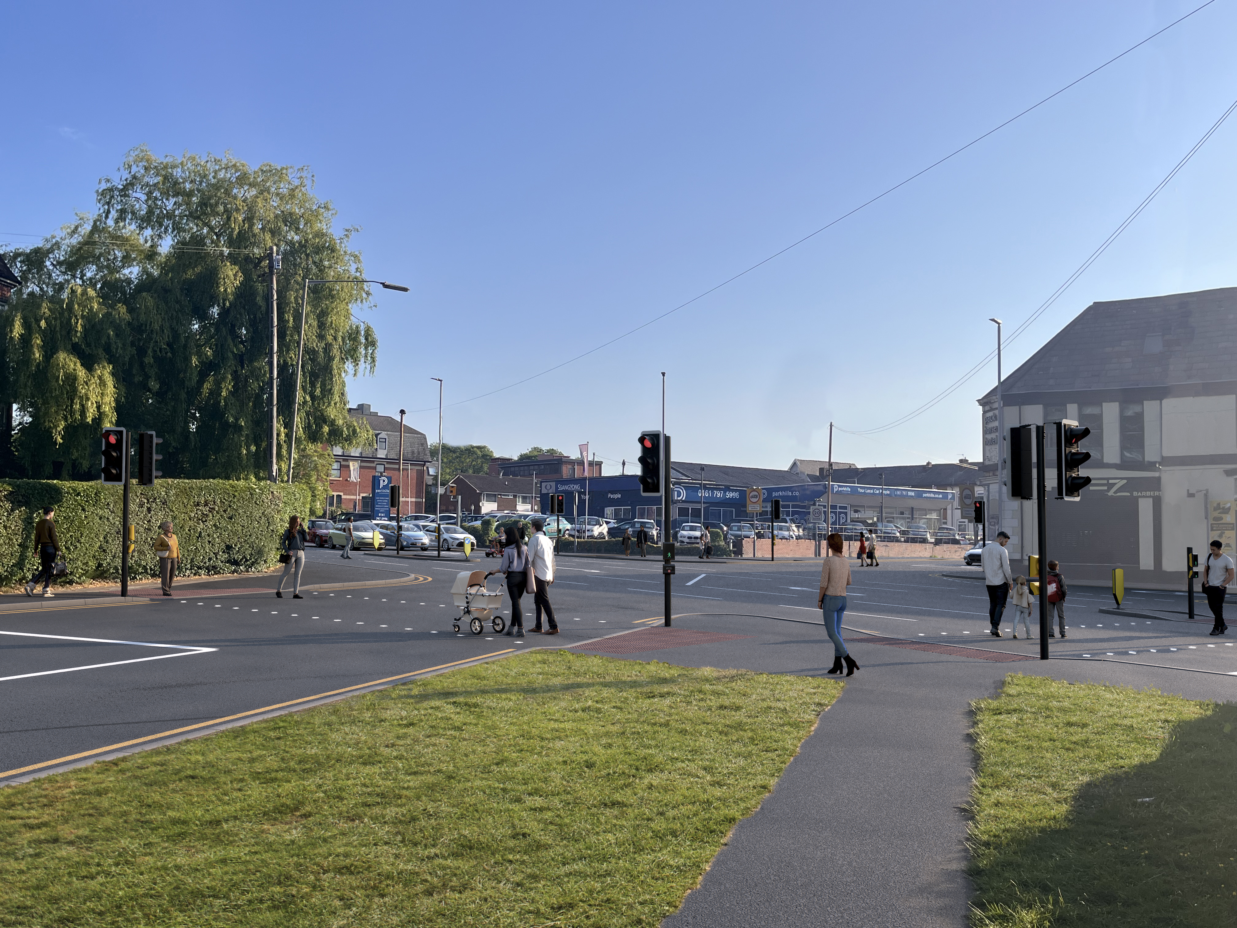 A crossroads in an urban street. People are walking and cycling