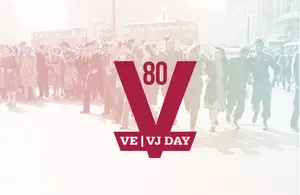 Big letter V with words 80, VE and VJ Day on a picture of people celebrating