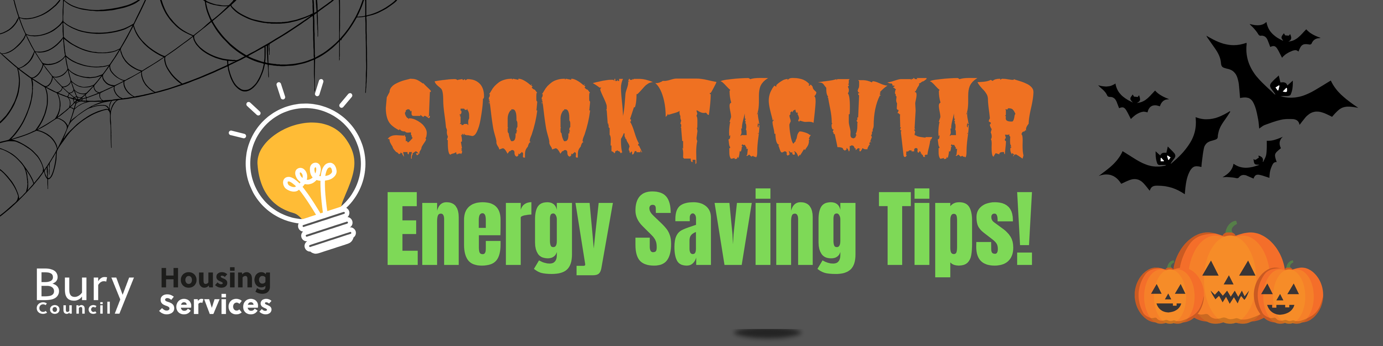 Banner graphic that says "Spooktacular energy saving tips" which Halloween themed images