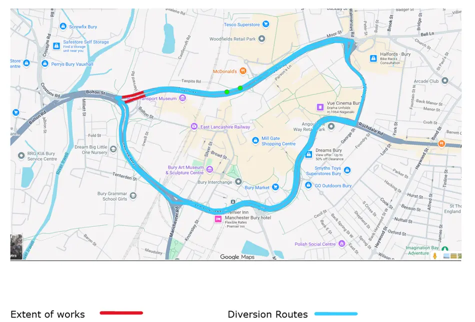 Map showing the diversion route - description is on the webpage