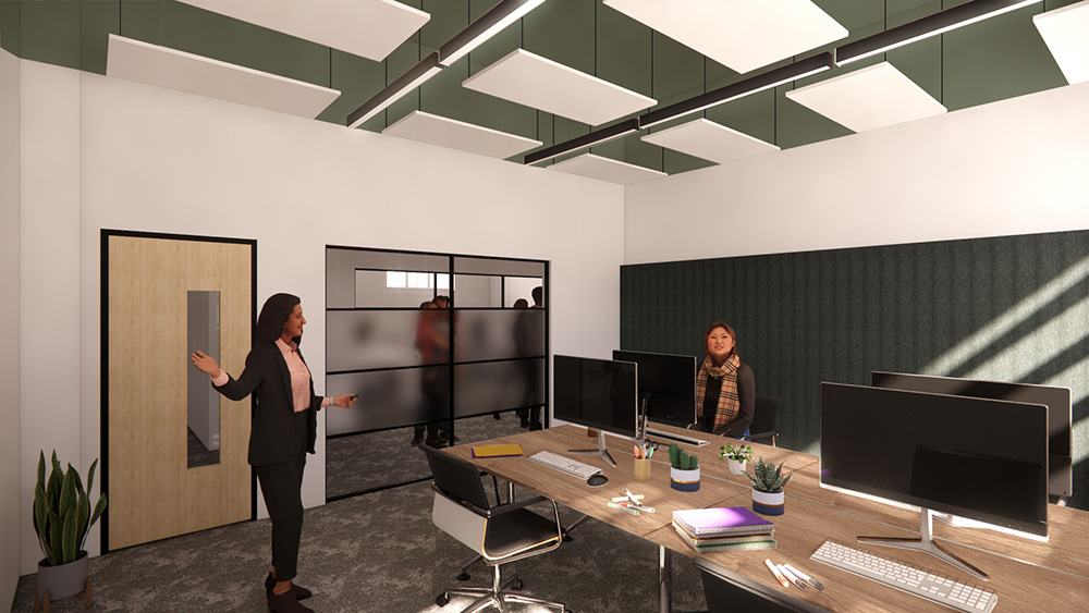 Computer generated image of two people in an open plan office space