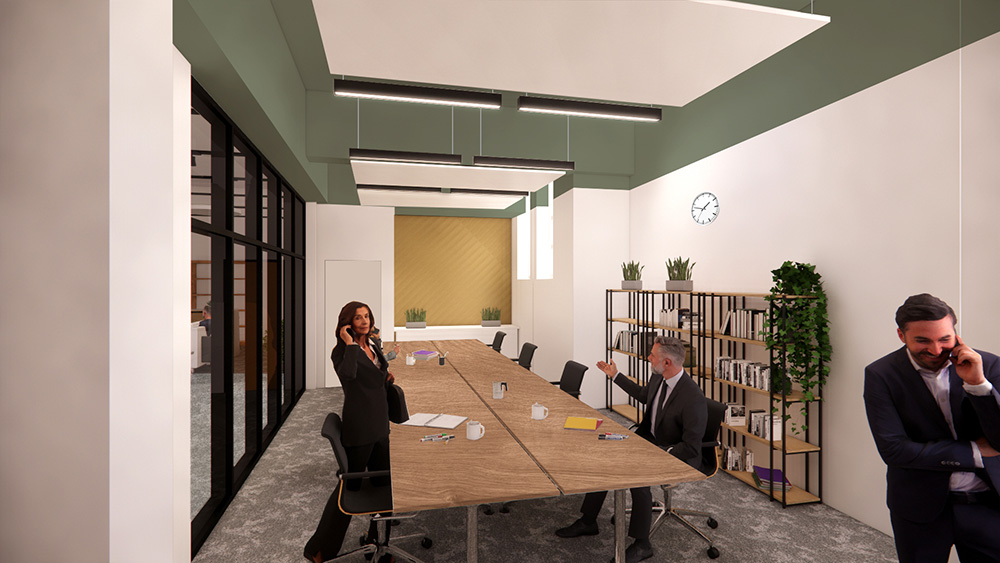 Computer generated image of people in a meeting room with a table and chairs in the centre