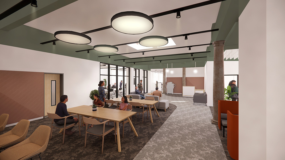 Computer generated image of a group of people in a large open plan office space