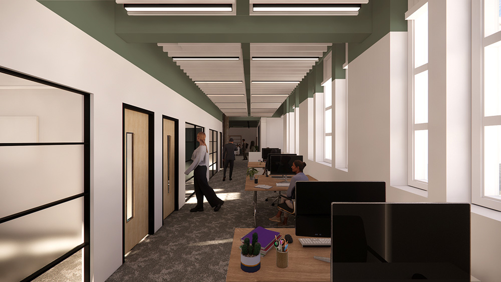 Computer generated image of a long room with desks and computers down one side