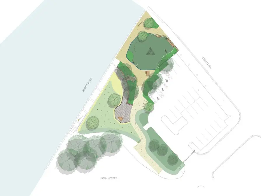 Plan of an urban park situated between a river and a car park