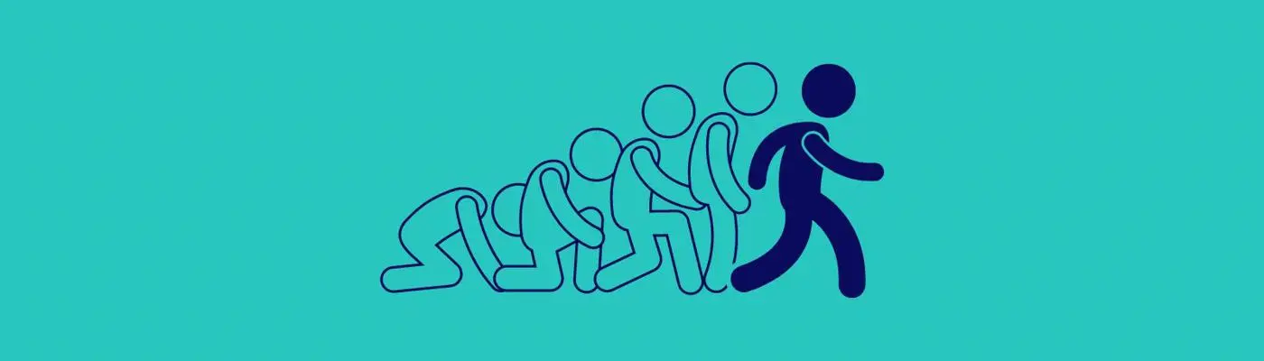 a figure of a person in motion from kneeling to standing up and walking