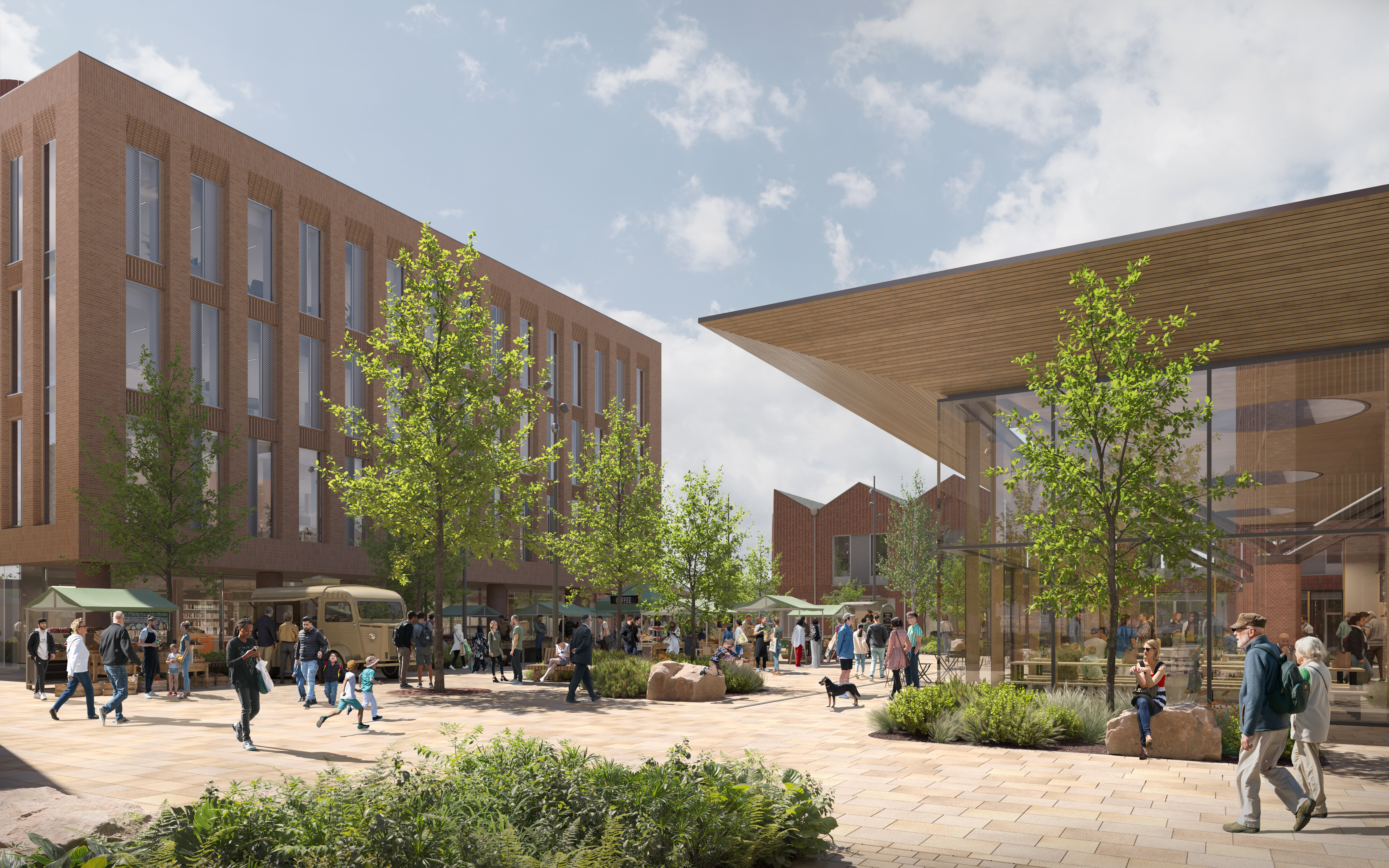 A computer generated illustration of buildings surrounding a town square. There are lots of people walking around.