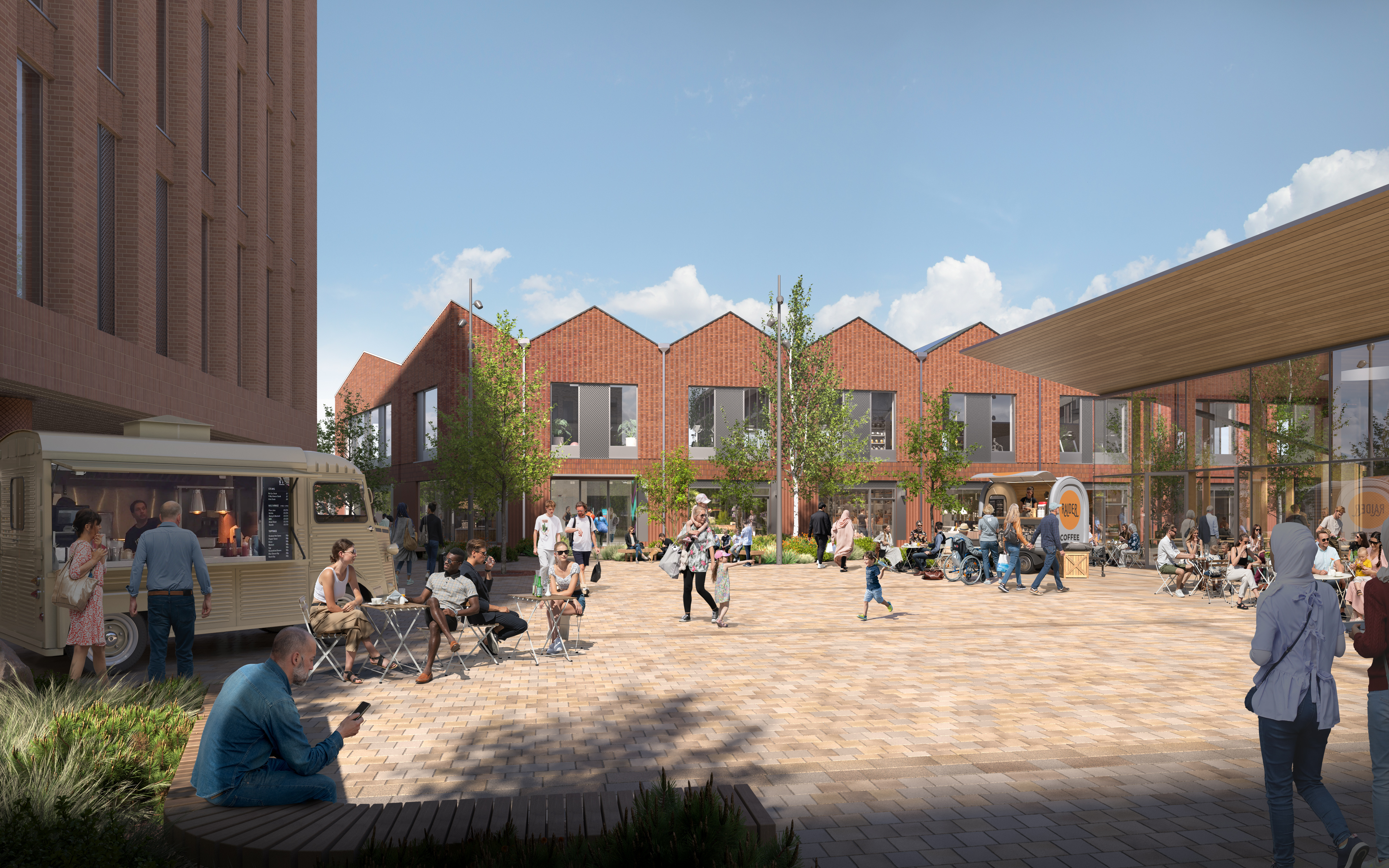 A computer generated illustration of buildings surrounding a town square. There are lots of people walking around.