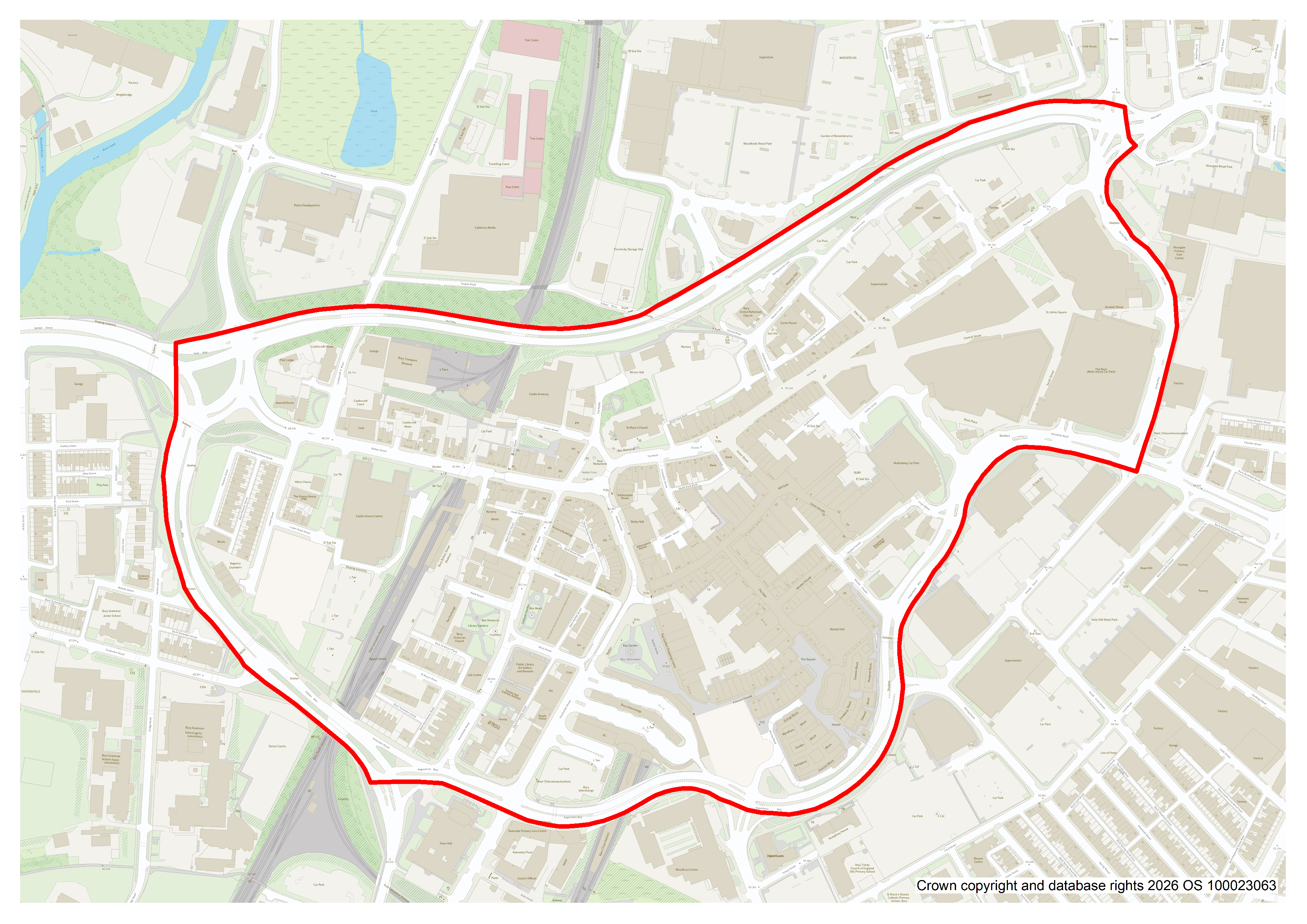 A map of Bury town centre with a red line drawn along Jubilee Way, Peel Way, Angouleme Way and Derby Way