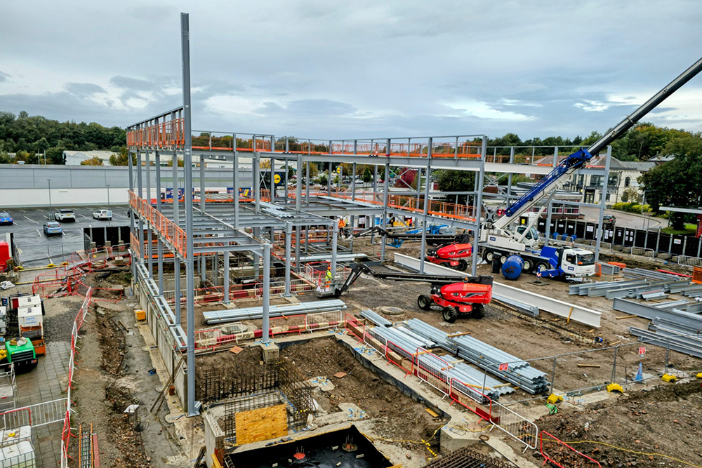 Large steel building frame on a construction site
